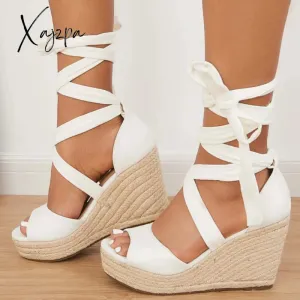 Xajzpa - Women's Summer Lace Up Espadrille Heel Platform Wedge Sandals