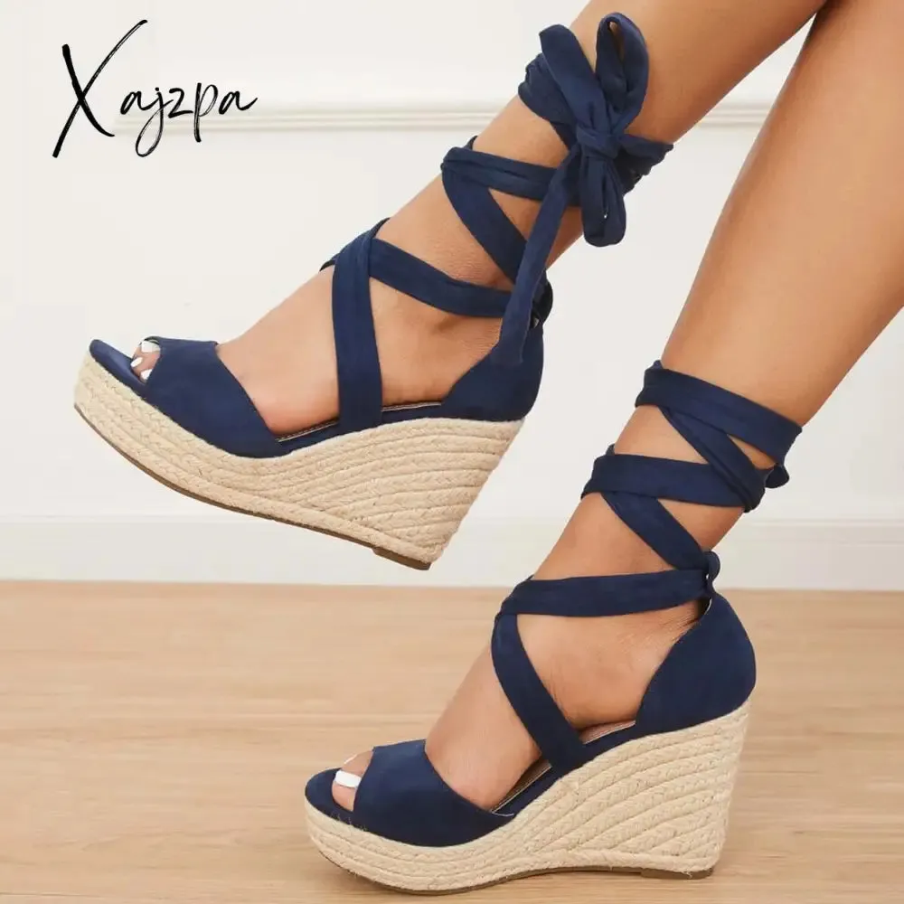 Xajzpa - Women's Summer Lace Up Espadrille Heel Platform Wedge Sandals