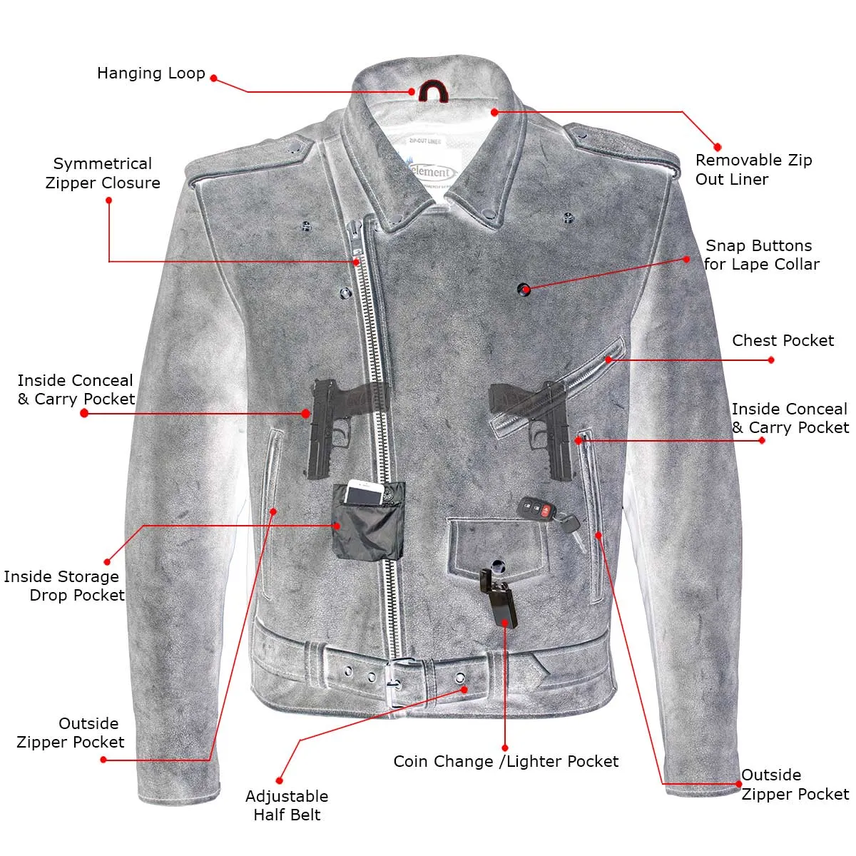 Xelement B7149 Men's 'Sliver' Distressed Gray Classic Motorcycle Leather Jacket